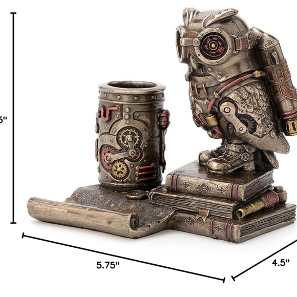 Steampunk Owl Cell Phone Pen Desk Statue Figurine Bronze Aviator Space Halloween - Picture 3 of 13